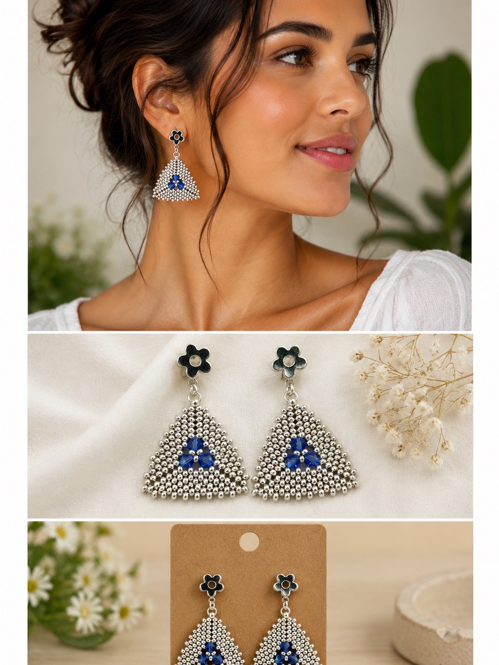 Hand Crafted Silver-Tone Blue Triangle Beaded Drop Earrings by